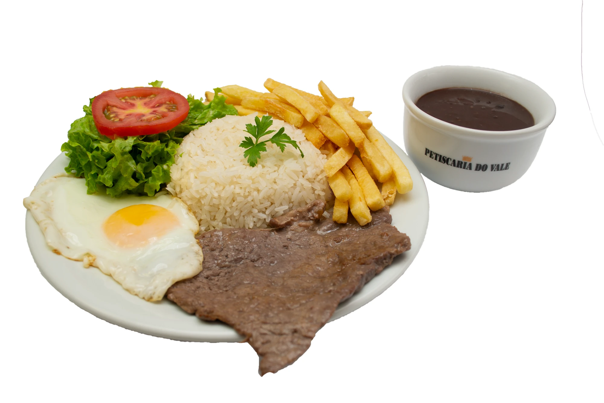 Prato executivo com bife, arroz, feijão, batata frita e ovo